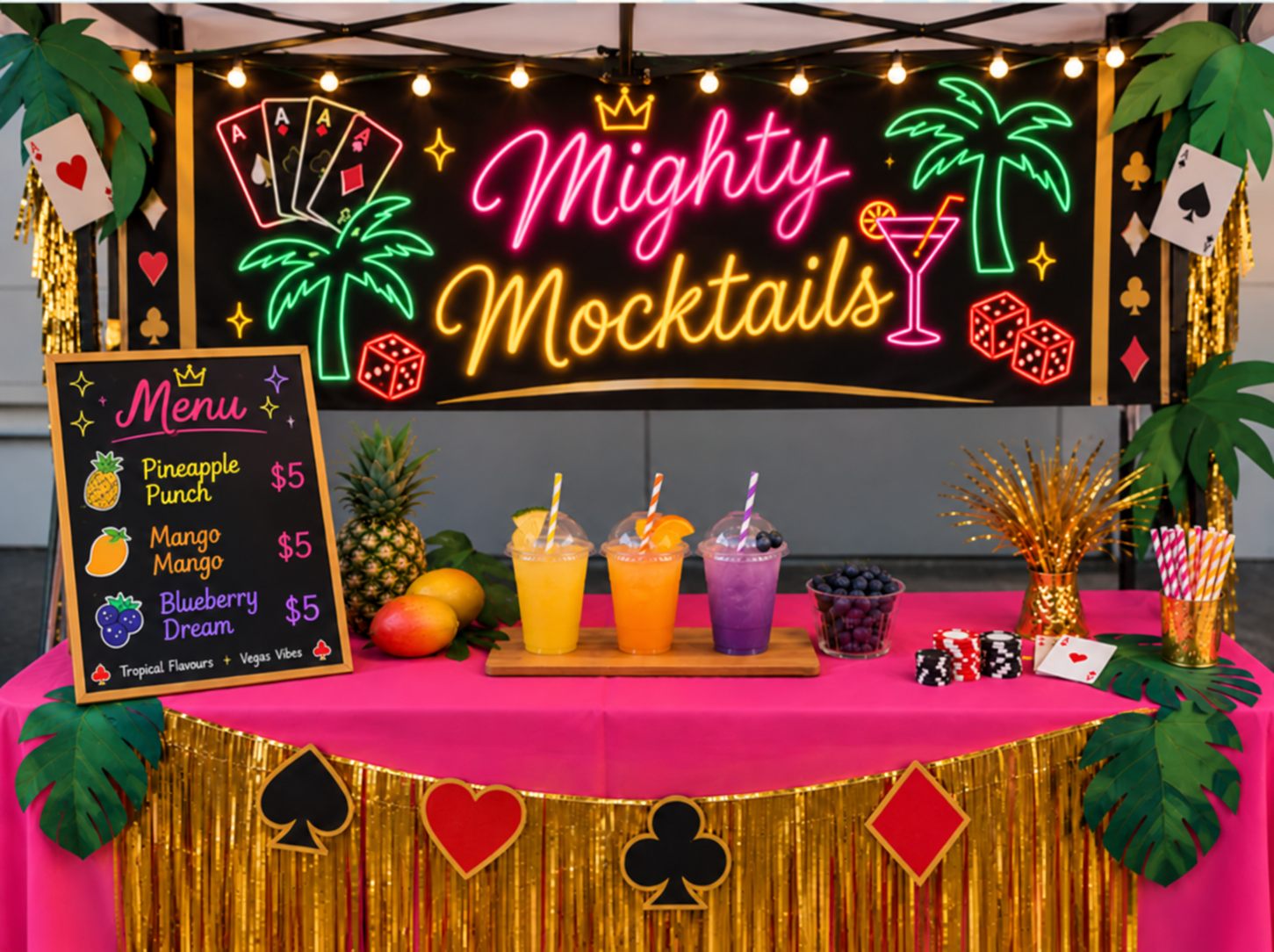 Our stall: a Mighty Mocktails sign, palm leaves, playing cards and three mocktails on a pink table